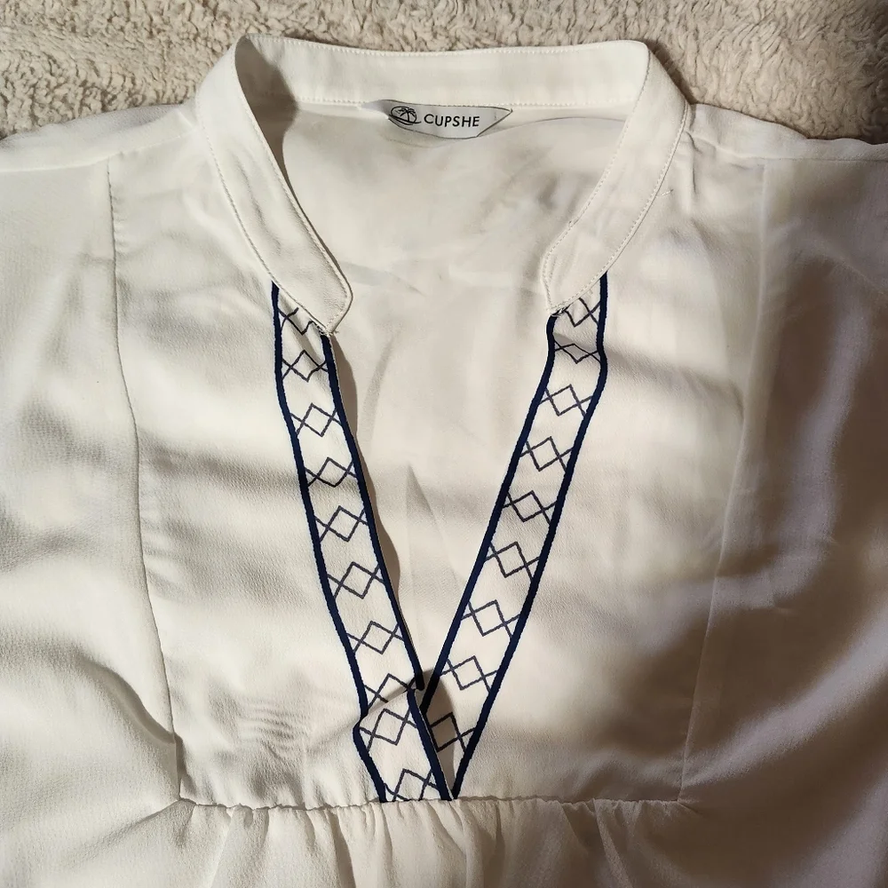 Cupshe Womens Sz XL Above Knee Dress White Navy V Neck Tiered Coastal Beach